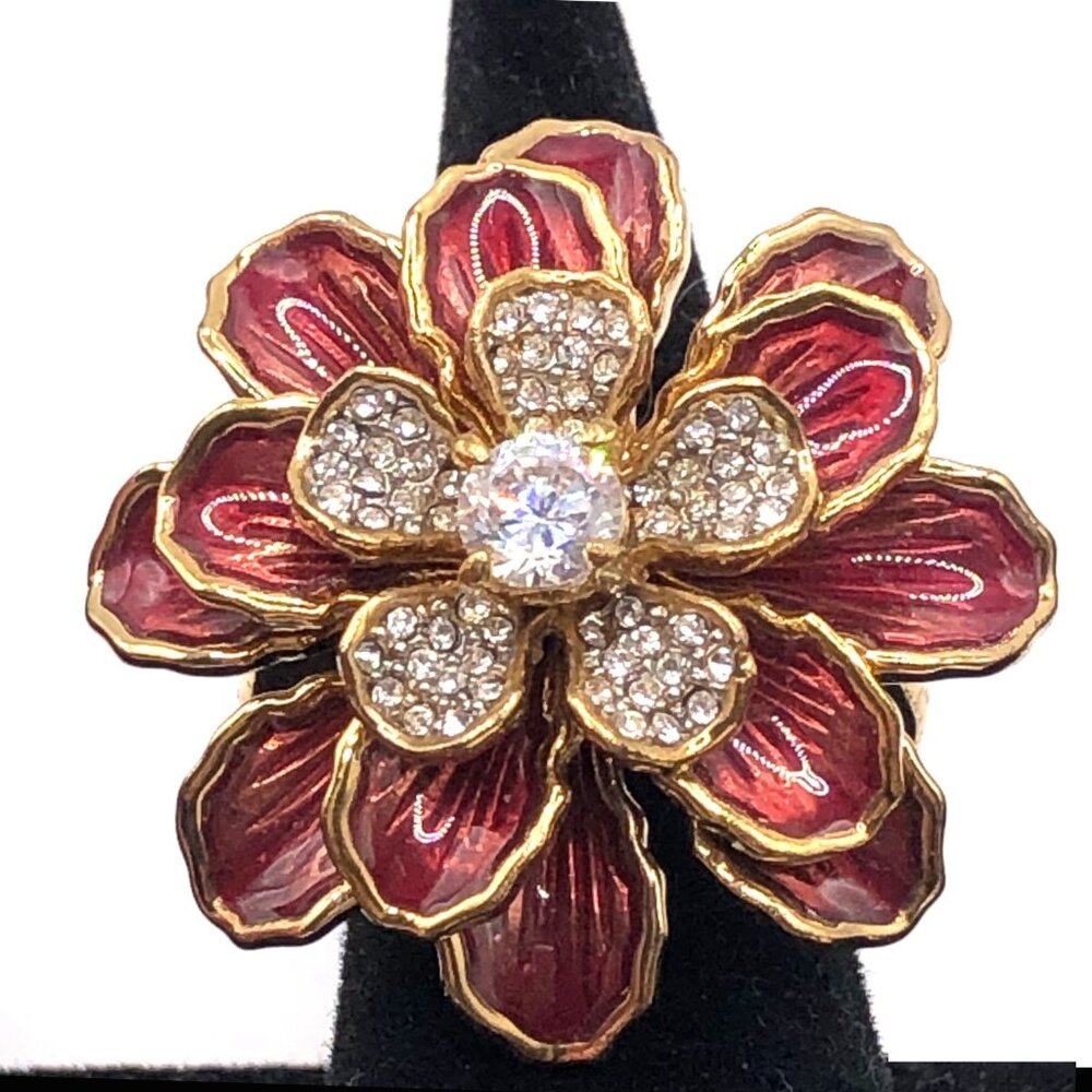 Vintage Juicy Couture Red Enamel Flower Ring Gold Tone Rhinestone Center 7.5 - Picture 8 of 12